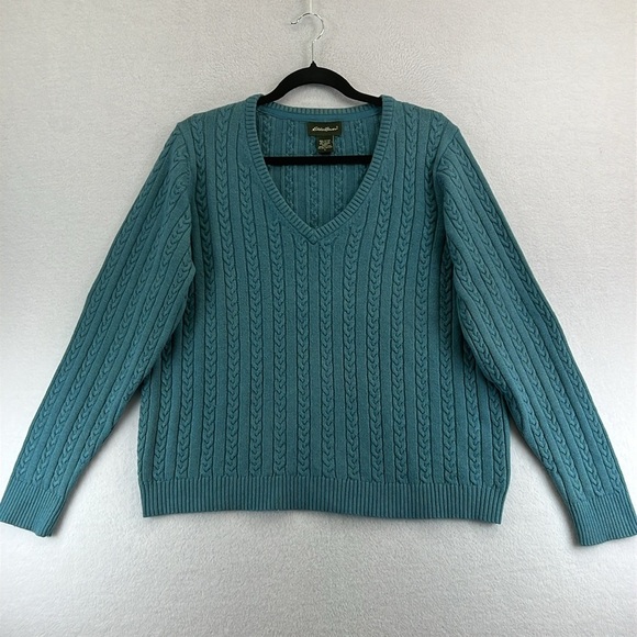 Eddie Bauer Pullover V-Neck Sweater Women’s Large Teal Cotton/Nylon/Angora Cable - Picture 1 of 12